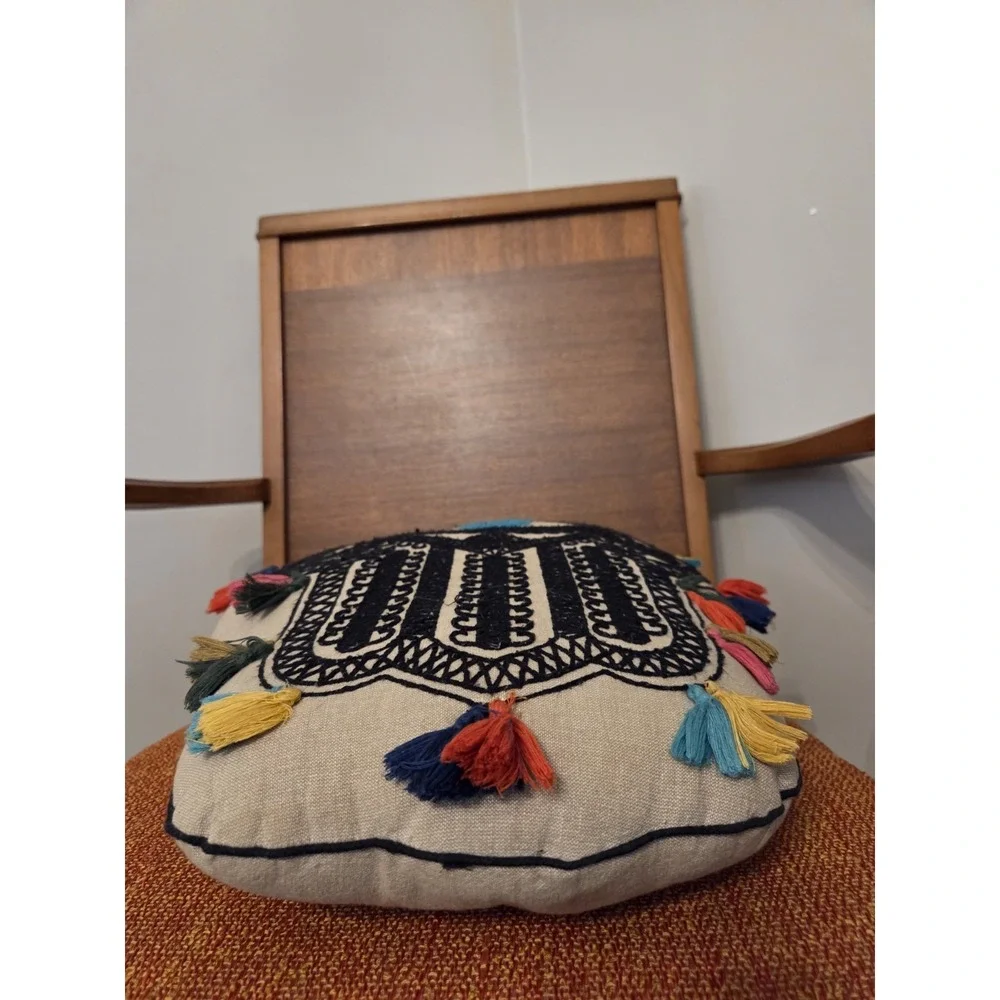 Hamsa‎ Open Palm Decorative Throw Pillow Boho Spiritual Embroidered Tassels